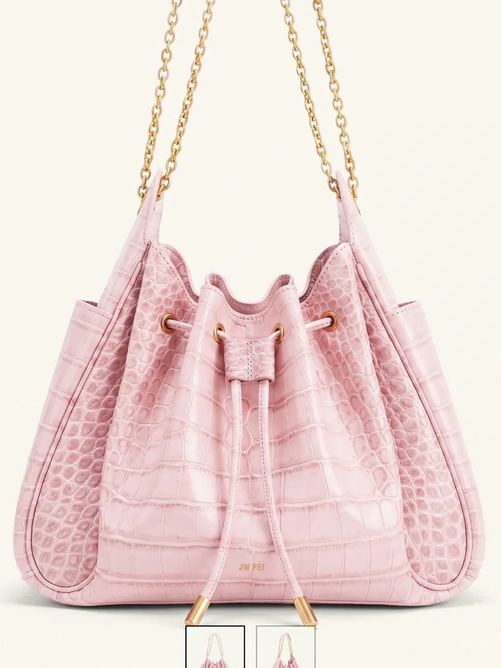 JW PEI Pink Croc Rowan Ruched Drawstring Chain Bucket Bag